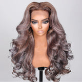 Sunber Punky Gray Princess Wigs With Multi Color Mixed Ashy Brownish Purple Highlight Hair Loose Wave Lace Front Wig-frontal show