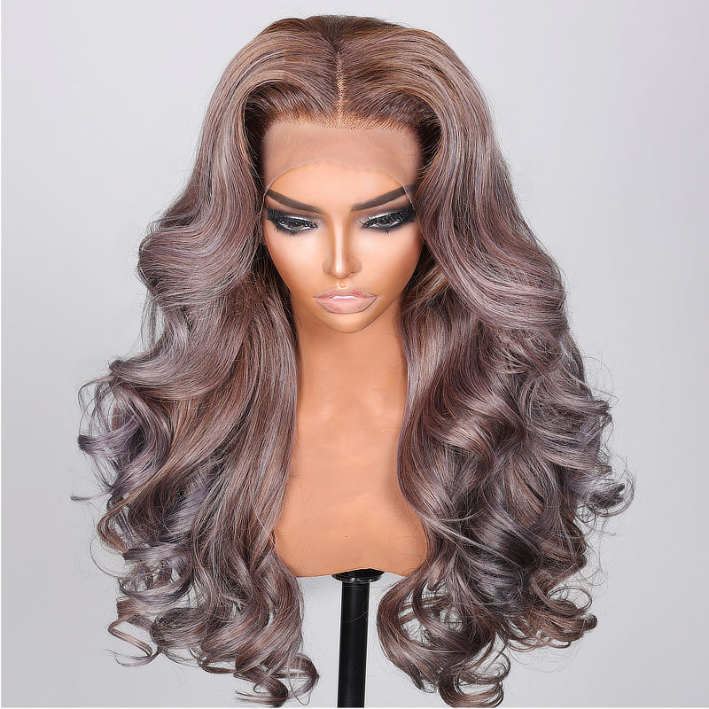 Sunber Punky Gray Princess Wigs With Multi Color Mixed Ashy Brownish Purple Highlight Hair Loose Wave Lace Front Wig-deep part show
