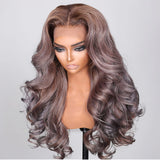 Sunber Punky Gray Princess Wigs With Multi Color Mixed Ashy Brownish Purple Highlight Hair Loose Wave Lace Front Wig-hairline show