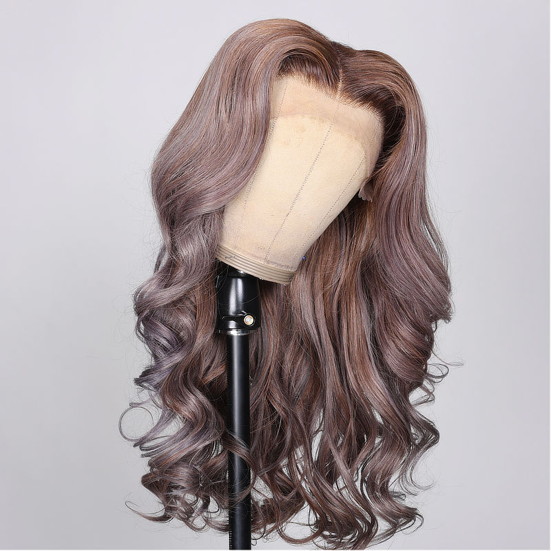 Sunber Punky Gray Princess Wigs With Multi Color Mixed Ashy Brownish Purple Highlight Hair Loose Wave Lace Front Wig-side-hairline show