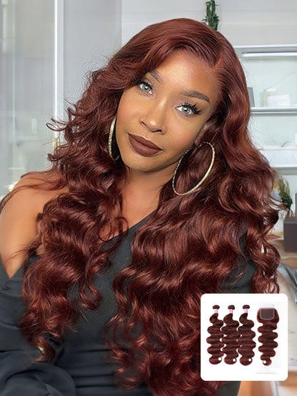 Sunber Hair Reddish Brown Body Wave Human Hair 3Bundles with 4x4 Lace Closure