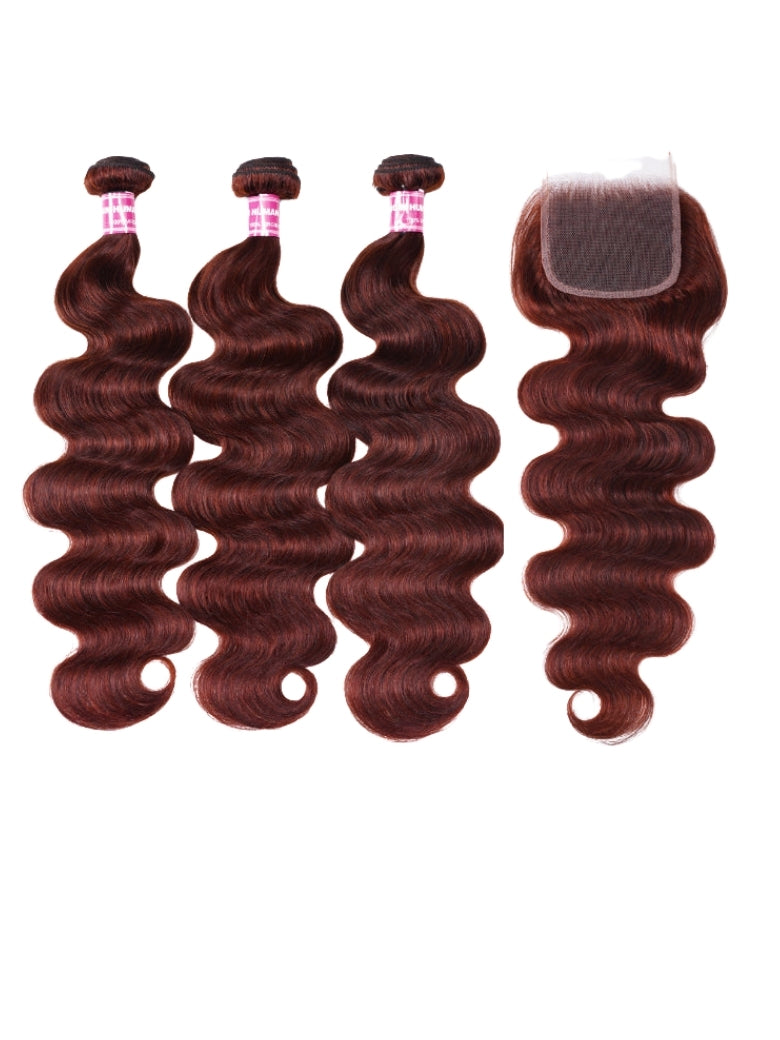 Sunber Hair Reddish Brown Body Wave Human Hair 3Bundles with 4x4 Lace Closure