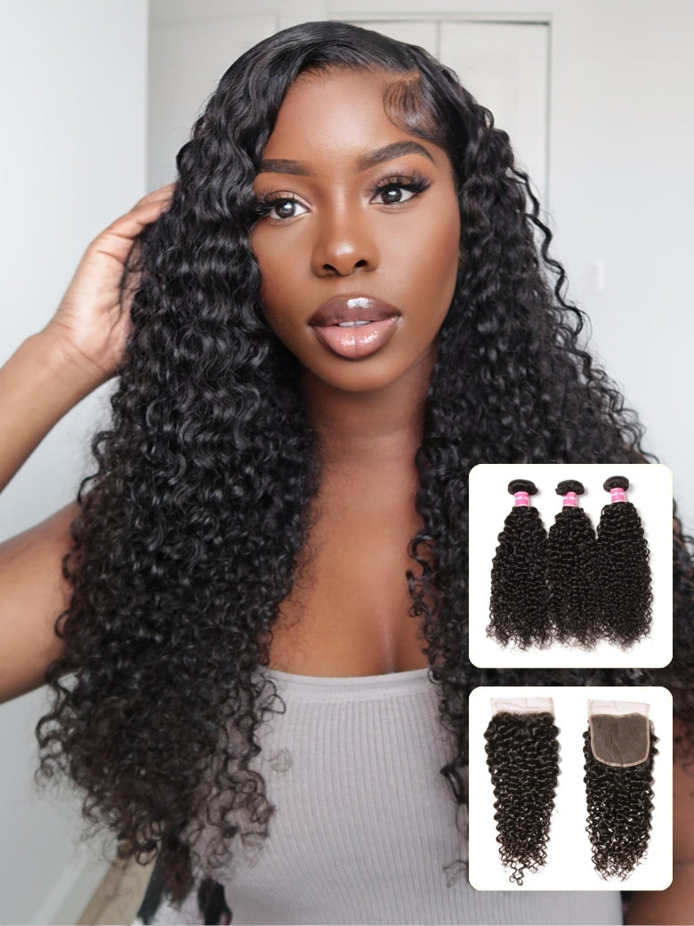 Sunber Hair Brazilian Virgin Jerry Curly Hair 3 Bundles with 4*4 Lace Closure 100% Human Hair