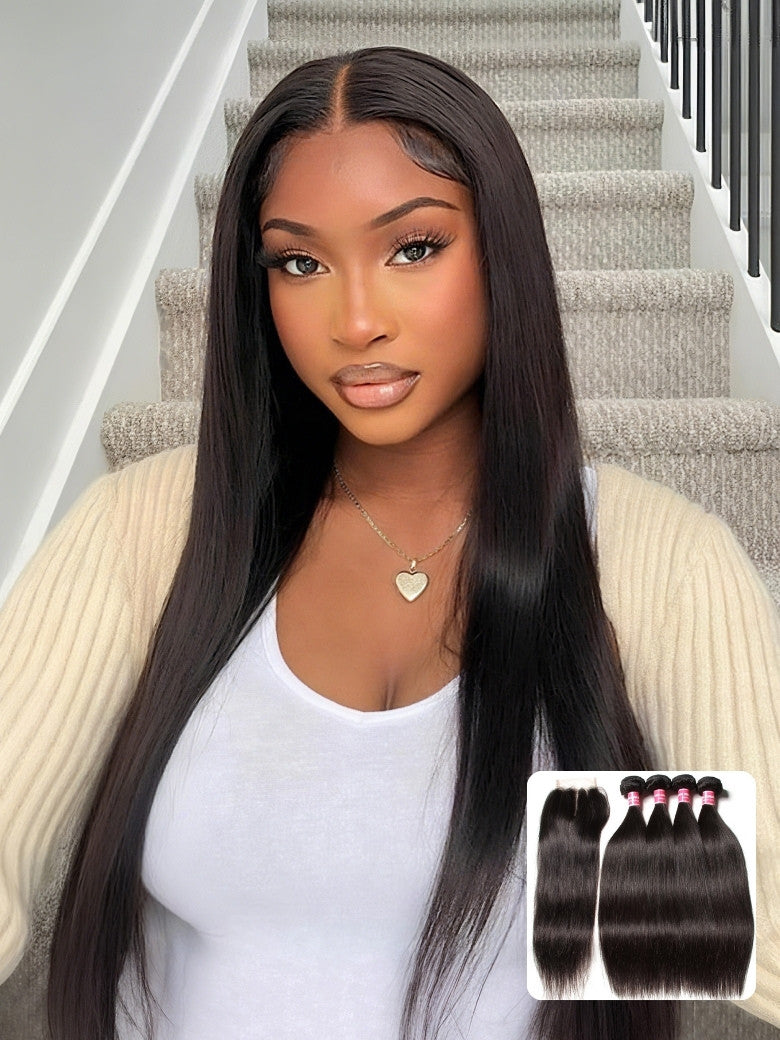 Sunber Virgin Peruvian Hair Straight Hair 4 Bundles With 4*4 Lace Closure, Hotsale Peruvian Hair Weaves