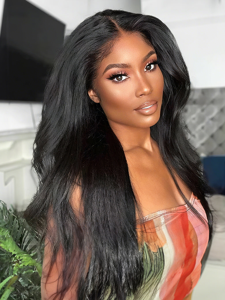 Sunber 13x4 HD Real Scalp Pre Everything Natural Black Kinky Straight Lace Frontal Wig With Invisi Drawstring