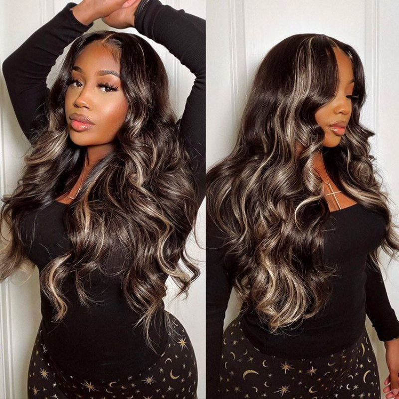 Sunber Chocolate Brown With Peek A Boo Blonde Highlights 6x4.75 Pre- Cut Lace Closure Wig With Body Wave Hair