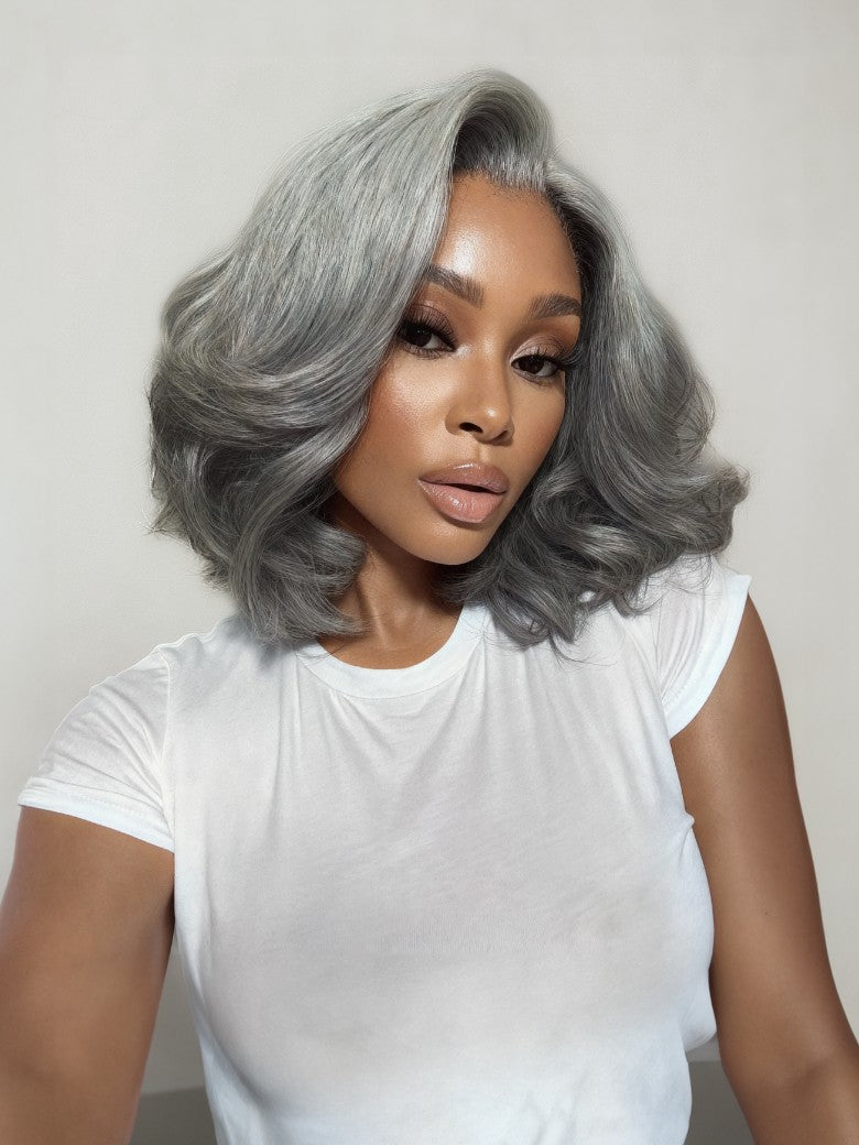 Sunber Salt and Pepper Layered Bob Minimalist Lace 6.5*5*1.5 Side Part Grey Wig Flash Sale