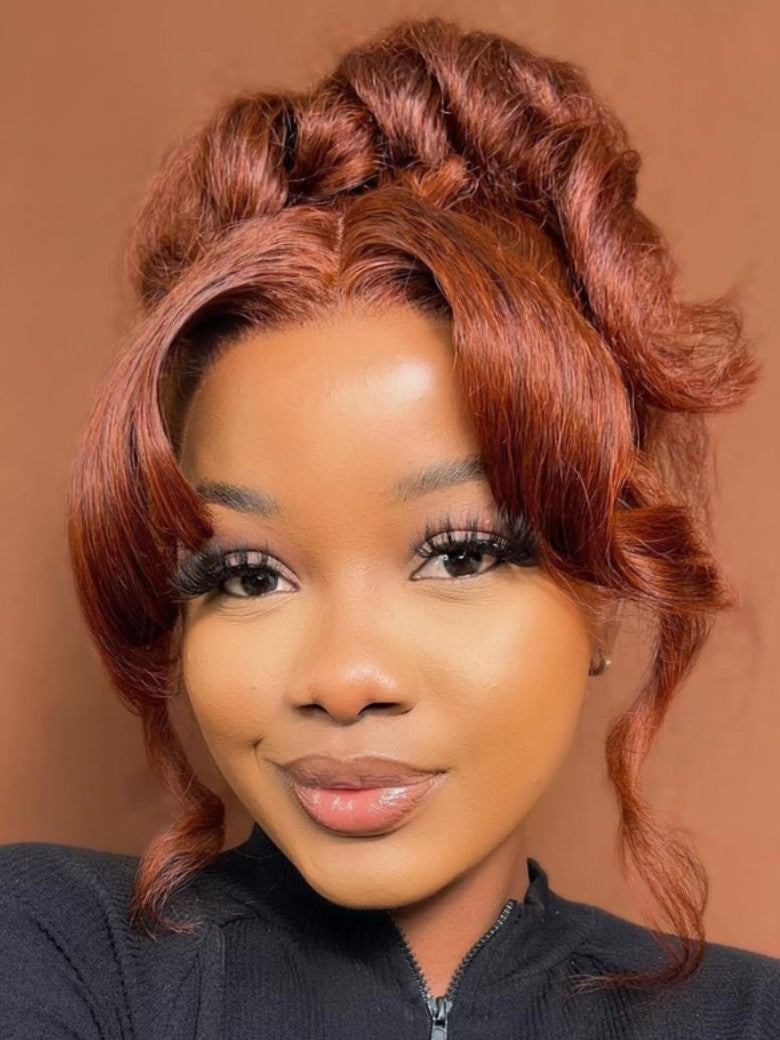 Sunber 7x5 Pre Cut Lace Reddish Brown Jerry Curly Bye Bye Knots Gluelesss Invisible Knots Wig With Invisi Drawstring Flash Sale