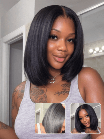 Extra 50% OFF | Sunber Yaki Straight Blunt Cut Short Bob 7x5 Pre-Cut Lace Wig Human hair