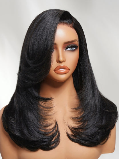 Sunber 7x5 Pre Cut Side-Part Blowout Lob Yaki Straight Lace Part Wig With Face-framing Feathered Layers