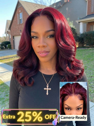 Sunber Purple Black Cherry Wispy Blow Out 7x5 Pre Cut Lace Loose Wave Bob Wig With Invisi Drawstring