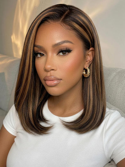 Sunber 7x5 Pre Cut Golden Brown Highlights Yaki Straight Lace Closure Wig With Invisi Drawstring