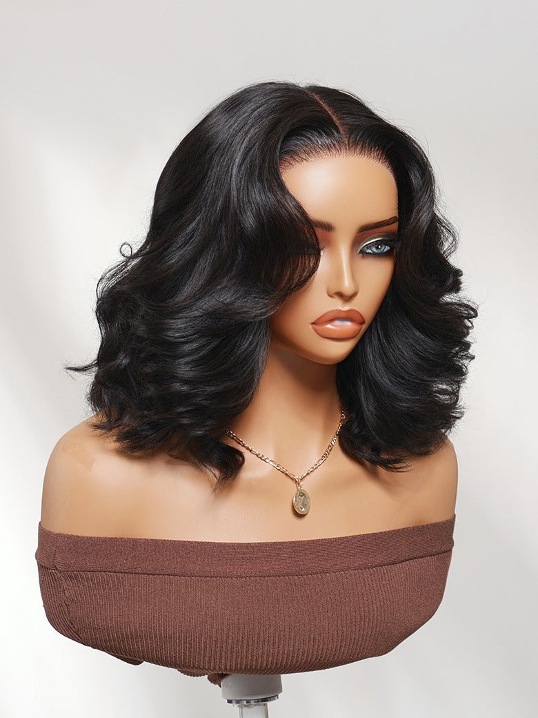 Sunber 7x5 Pre Cut Shoulder-length Layered Bouncy Wavy Bob Lace Wig With Invisi Drawstring