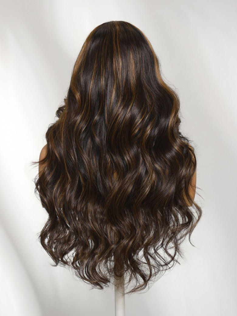 Sunber 180% Density 7x5 Pre Cut Golden Brown Highlights Body Wave Lace Wig With Invisi Drawstring