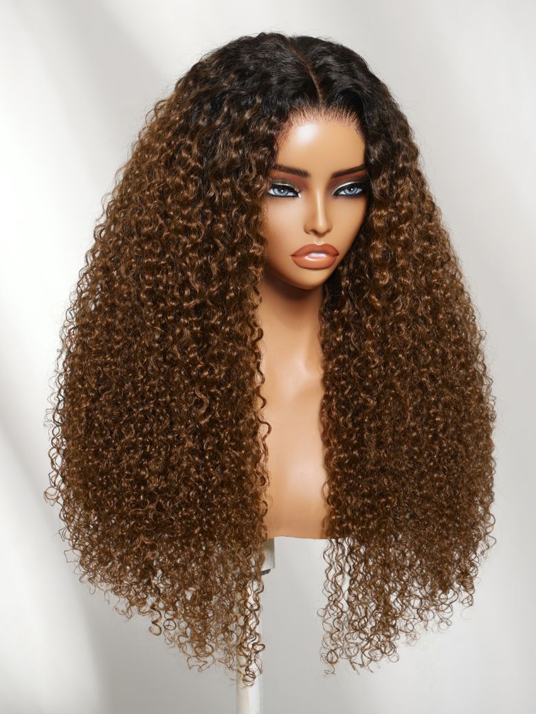 Sunber 7x5 Pre Cut Sun-Kissed Curly Wave Warm Caramel Brown With Dark Roots Lace Wig With Invisi Drawstring