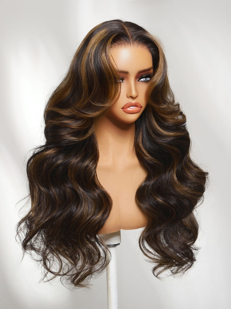Sunber 180% Density 7x5 Pre Cut Golden Brown Highlights Body Wave Lace Wig With Invisi Drawstring