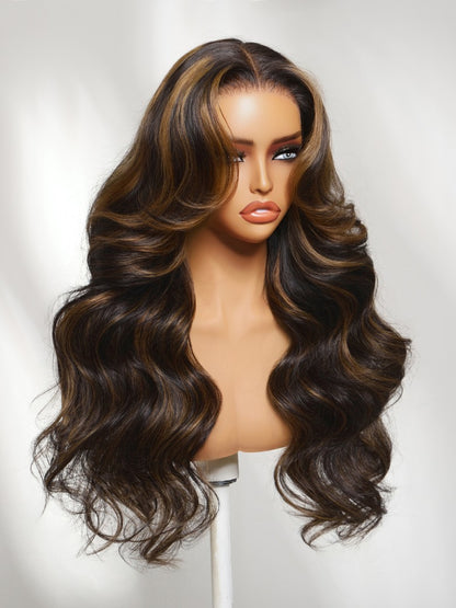 Sunber 180% Density 7x5 Pre Cut Golden Brown Highlights Body Wave Lace Wig With Invisi Drawstring
