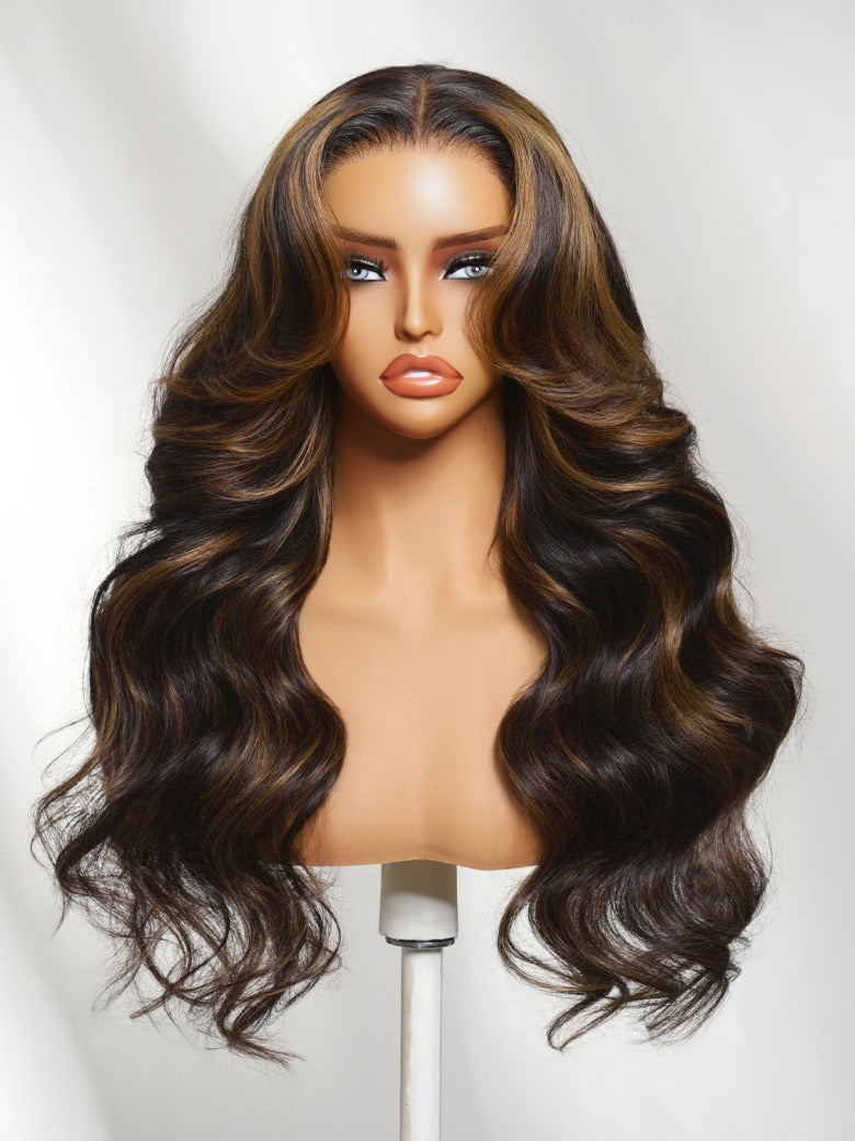 Sunber 180% Density 7x5 Pre Cut Golden Brown Highlights Body Wave Lace Wig With Invisi Drawstring