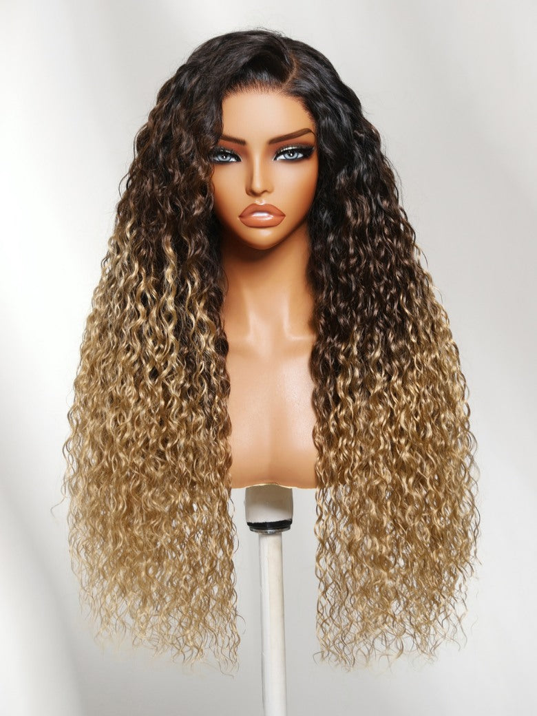 Sunber 7x5 Pre Cut Sunkissed Honey Blonde 1B/4/27 Ombre Brown to Blonde Water Wave Wig With Dark Roots