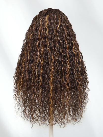 Sunber Piano Brown Highlight Curly 7x5 Bye Bye Knots Pre Cut Lace Water Wave Wig With Invisi Drawstring Flash Sale