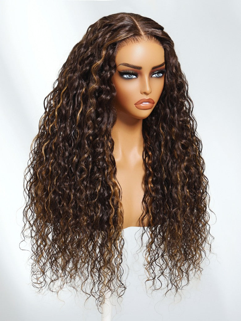 Sunber Piano Brown Highlight Curly 7x5 Bye Bye Knots Pre Cut Lace Water Wave Wig With Invisi Drawstring Flash Sale