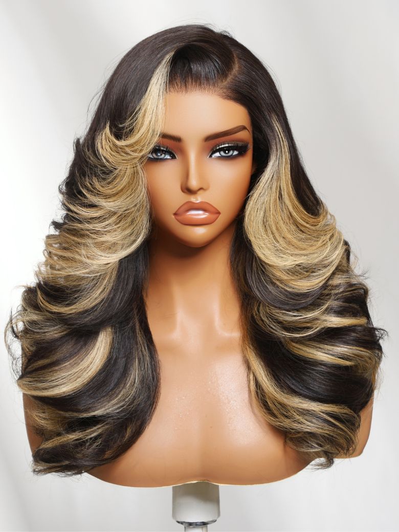 Sunber 200% Density Blonde Highlights Effortlessly Feathered Hairstyles 7x5 Pre Cut Lace Wig With Layered Haircuts