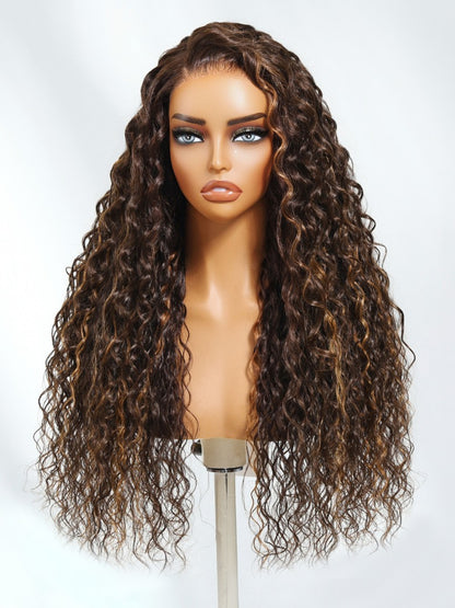 Sunber Piano Brown Highlight Curly 7x5 Bye Bye Knots Pre Cut Lace Water Wave Wig With Invisi Drawstring Flash Sale