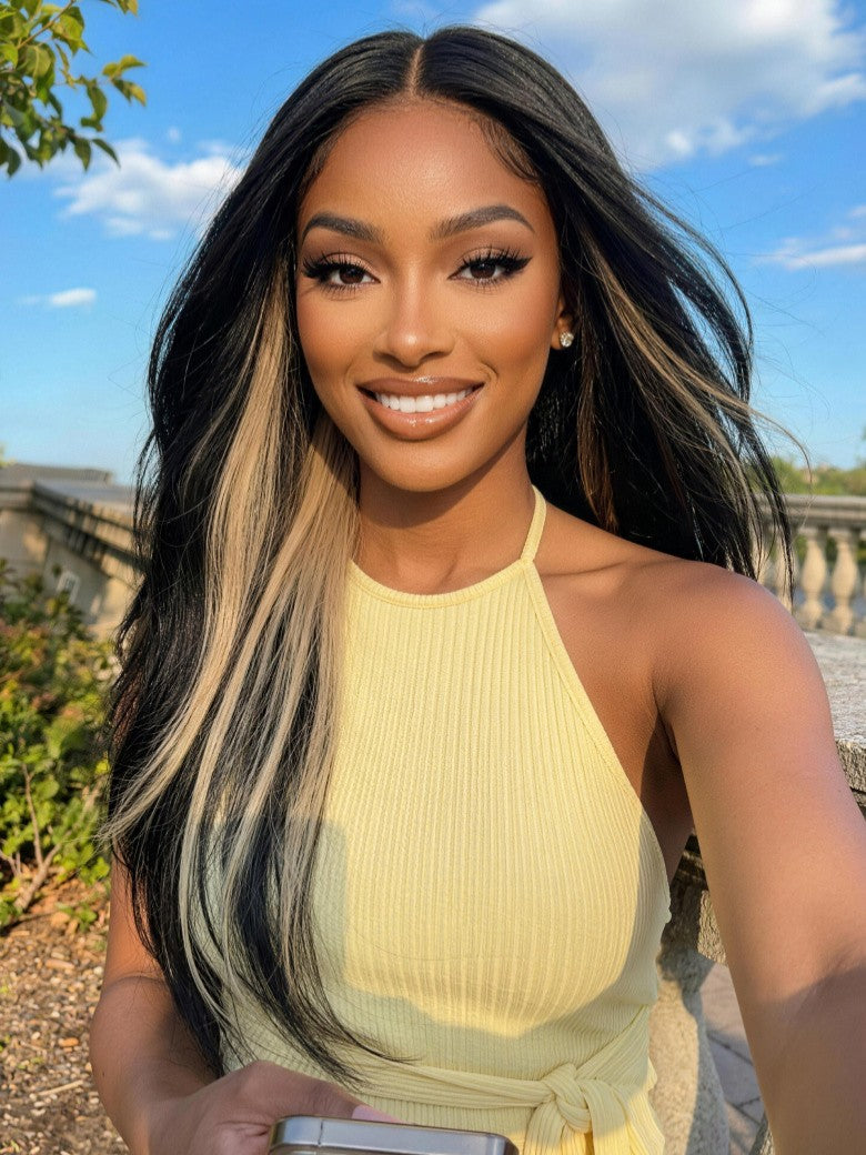 Sunber 7x5 Pre Cut Black Blond Straight Layered Peekaboo Highlights Lace Wigs With Invisi Drawstring