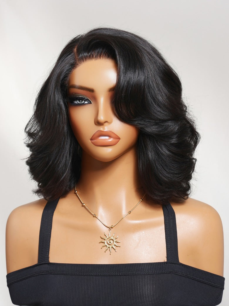 Sunber 220% density 6X4 Glueless Lace "C" Side Part Shoulder-length Body Wave Soft Blowout Wavy Bob Wig With Invisi Drawstring