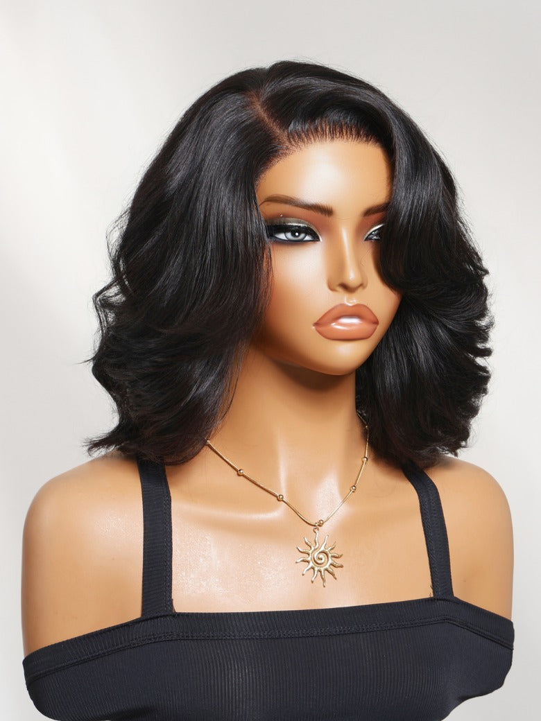 Sunber 220% density 6X4 Glueless Lace "C" Side Part Shoulder-length Body Wave Soft Blowout Wavy Bob Wig With Invisi Drawstring