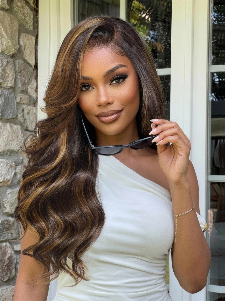 Sunber 7x5 Pre Cut Espresso brown with Caramel Honey Highlight Body Wave Side Part Lace Wig With Invisi Drawstring