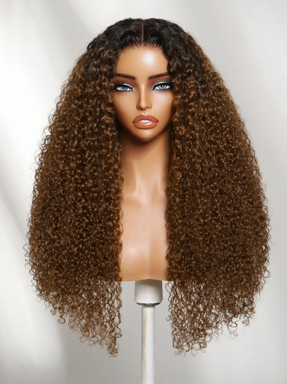 Sunber 7x5 Pre Cut Sun-Kissed Curly Wave Warm Caramel Brown With Dark Roots Lace Wig With Invisi Drawstring