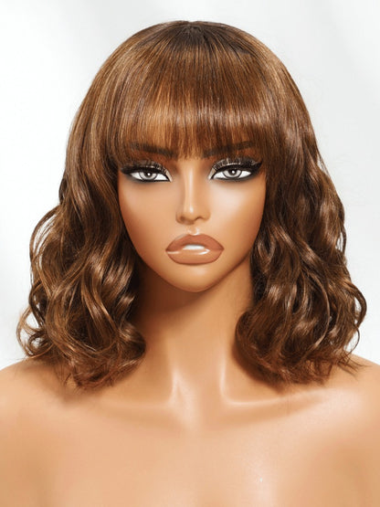 Sunber Honey Brown Highlights Loose Wave Bob Glueless Wig With Bangs Flash Sale