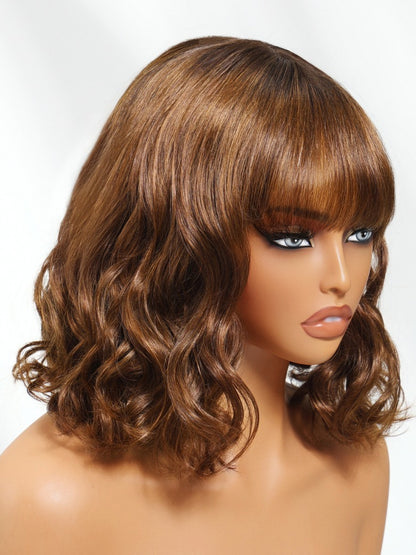 Sunber Honey Brown Highlights Loose Wave Bob Glueless Wig With Bangs Flash Sale
