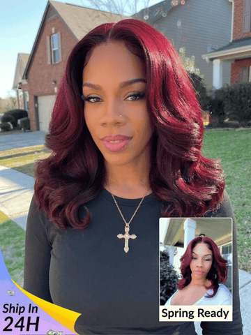 Sunber Purple Black Cherry Wispy Blow Out 7x5 Pre Cut Lace Loose Wave Bob Wig With Invisi Drawstring