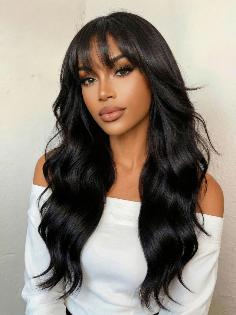 Sunber Pre-Everything 13x4 Lace Frontal Loose Wave Wigs with Bangs-Fluffy Hair  3D Dome Cap &amp; Glueless