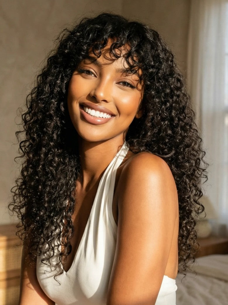 Sunber Natural Crown Curl Bouncy Curl 4x1 Lace Part Wig With Bangs