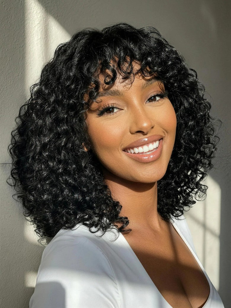 Sunber Natural Crown Curl Bouncy Curl 4x1 Lace Part Wig With Bangs