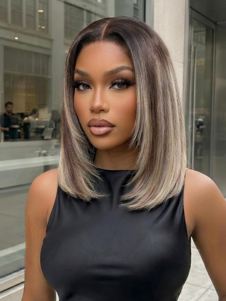 Sunber 7x5 Pre Cut Ash Blonde Highlights Sleek Shoulder-length Straight Chic Salon-finished bob Lace Wig With Face Framing Layers