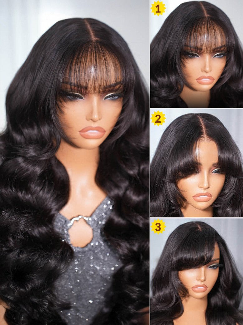 Sunber Pre-Everything 13x4 Lace Frontal Loose Wave Wigs with Bangs-Fluffy Hair  3D Dome Cap & Glueless