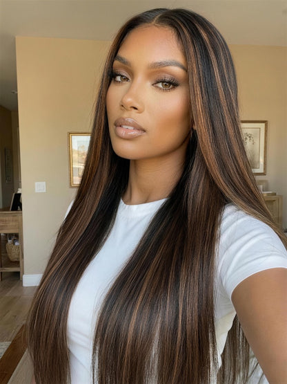 Sunber 7x5 Pre Cut Golden Brown Highlights Yaki Straight Lace Closure Wig With Invisi Drawstring