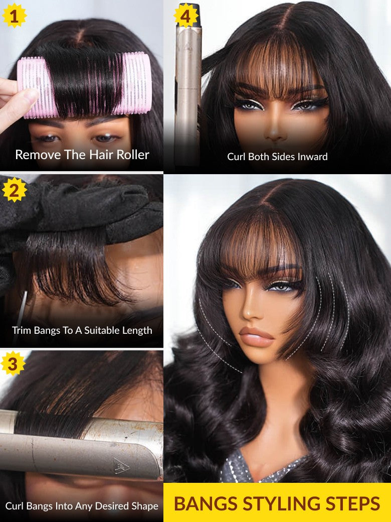 Sunber Pre-Everything 13x4 Lace Frontal Loose Wave Wigs with Bangs-Fluffy Hair  3D Dome Cap & Glueless