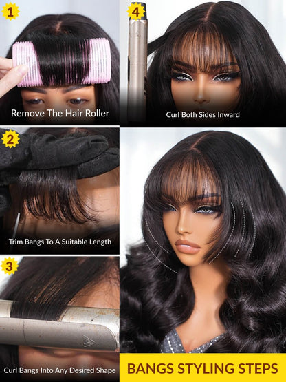 Sunber Pre-Everything 13x4 Lace Frontal Loose Wave Wigs with Bangs-Fluffy Hair  3D Dome Cap &amp; Glueless