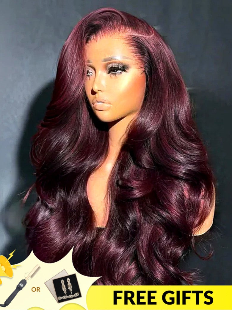 Sunber Purple Black Cherry Wispy Blow Out 7x5 Pre Cut Lace Loose Wave Bob Wig With Invisi Drawstring