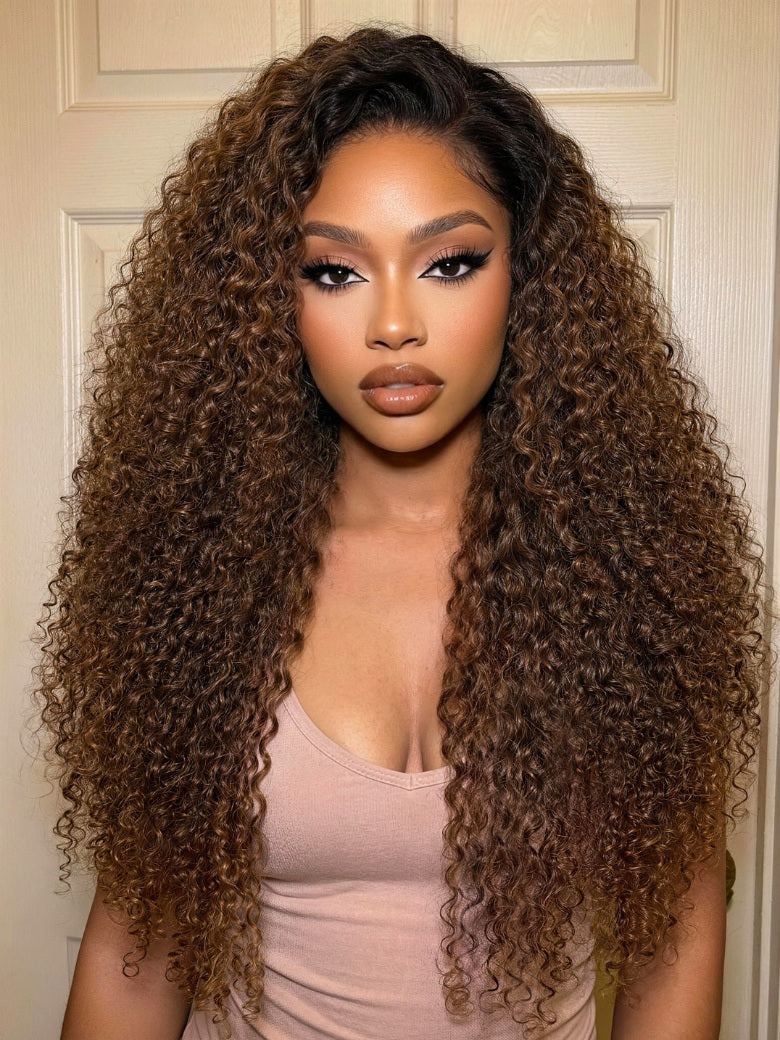 Sunber 7x5 Pre Cut Sun-Kissed Curly Wave Warm Caramel Brown With Dark Roots Lace Wig With Invisi Drawstring