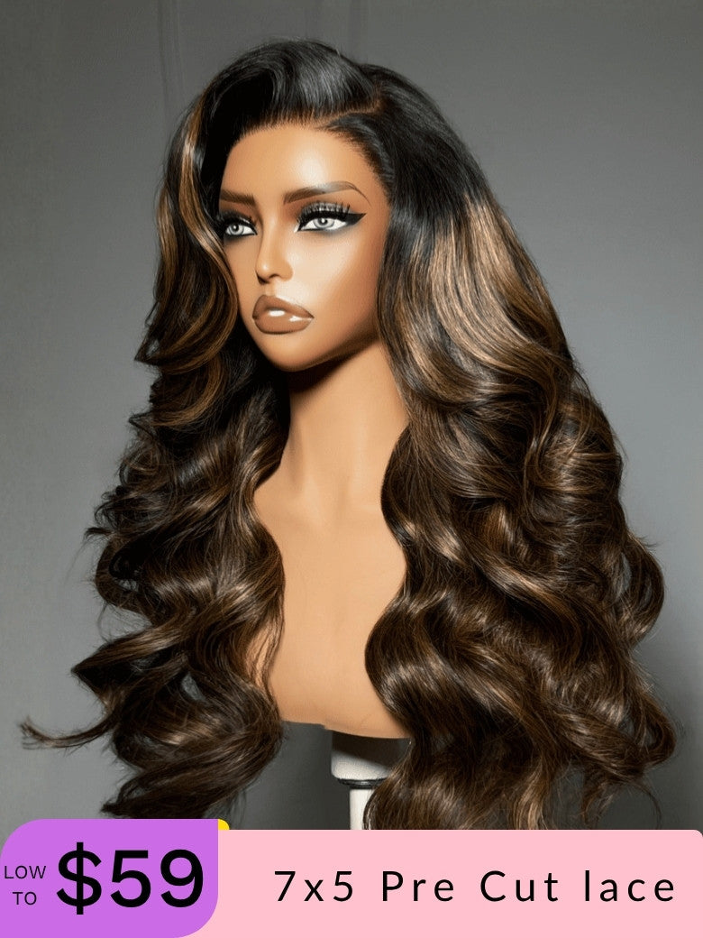 [Low to $59]Sunber 7x5 Pre Cut Shadow Root Highlight Blonde Balayage Color Body Wave Lace Wigs Flash Sale