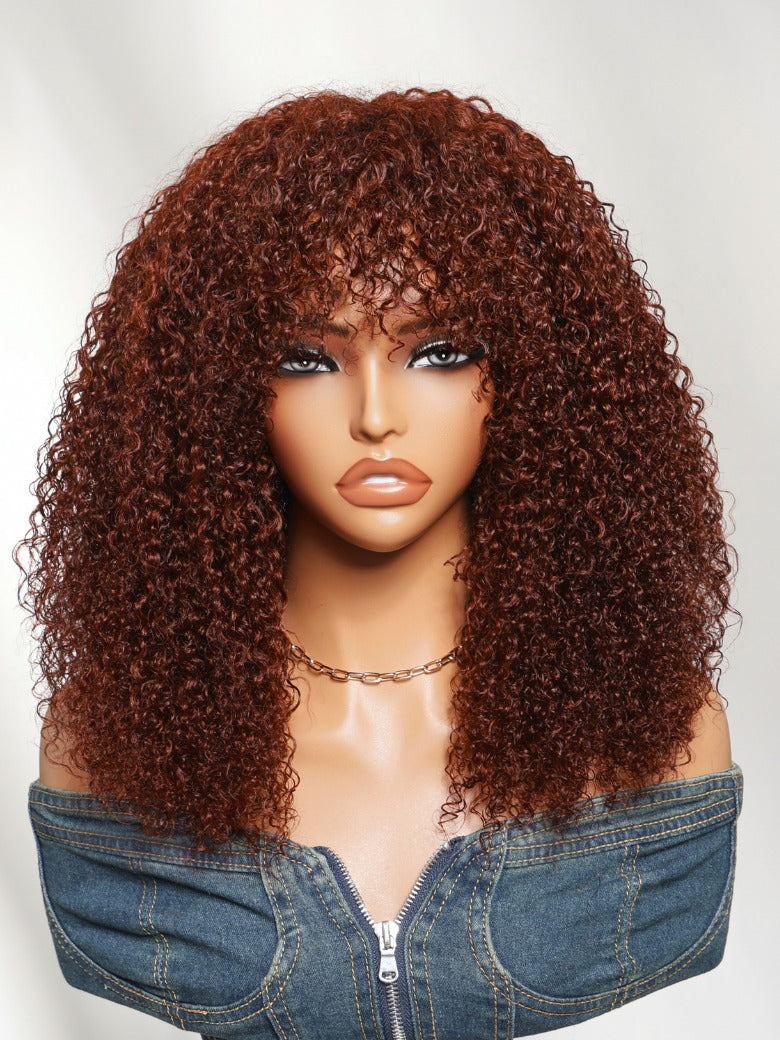 Sunber Reddish Brown Curly Machine Made Human Hair Wig with Bangs