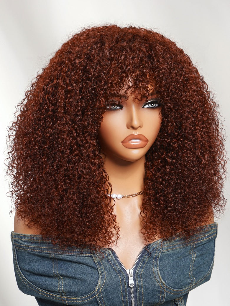 Sunber Reddish Brown Curly Machine Made Human Hair Wig with Bangs