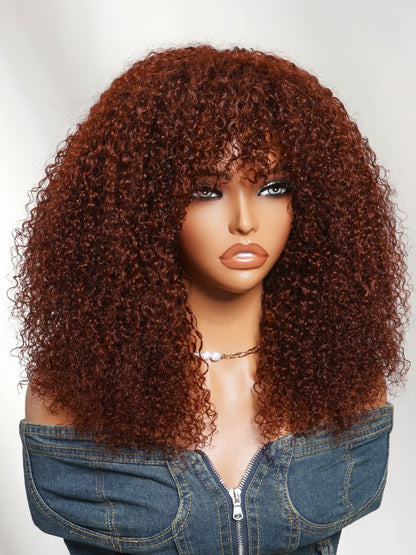 Sunber Reddish Brown Curly Machine Made Human Hair Wig with Bangs