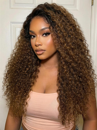 Sunber 7x5 Pre Cut Sun-Kissed Curly Wave Warm Caramel Brown With Dark Roots Lace Wig With Invisi Drawstring